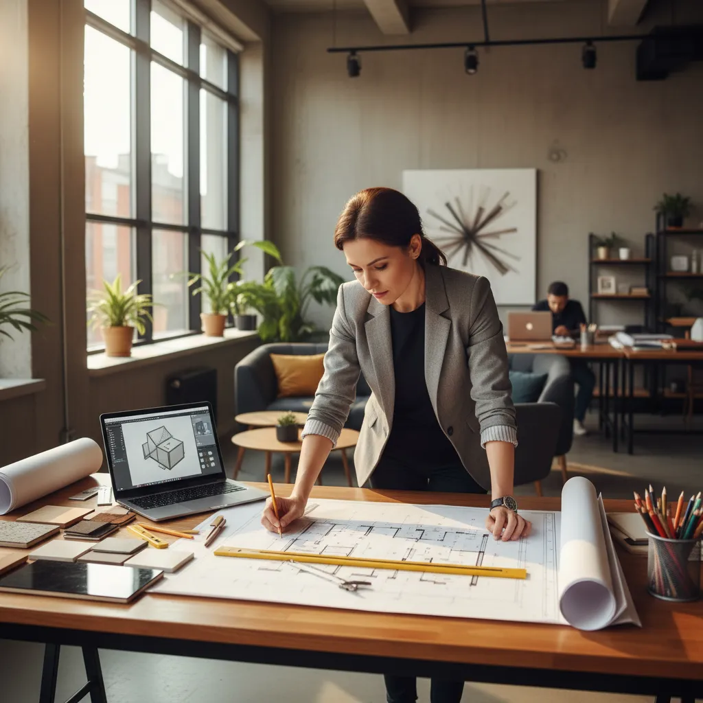Revisión de planos de diseño de interiores en mesa de trabajo