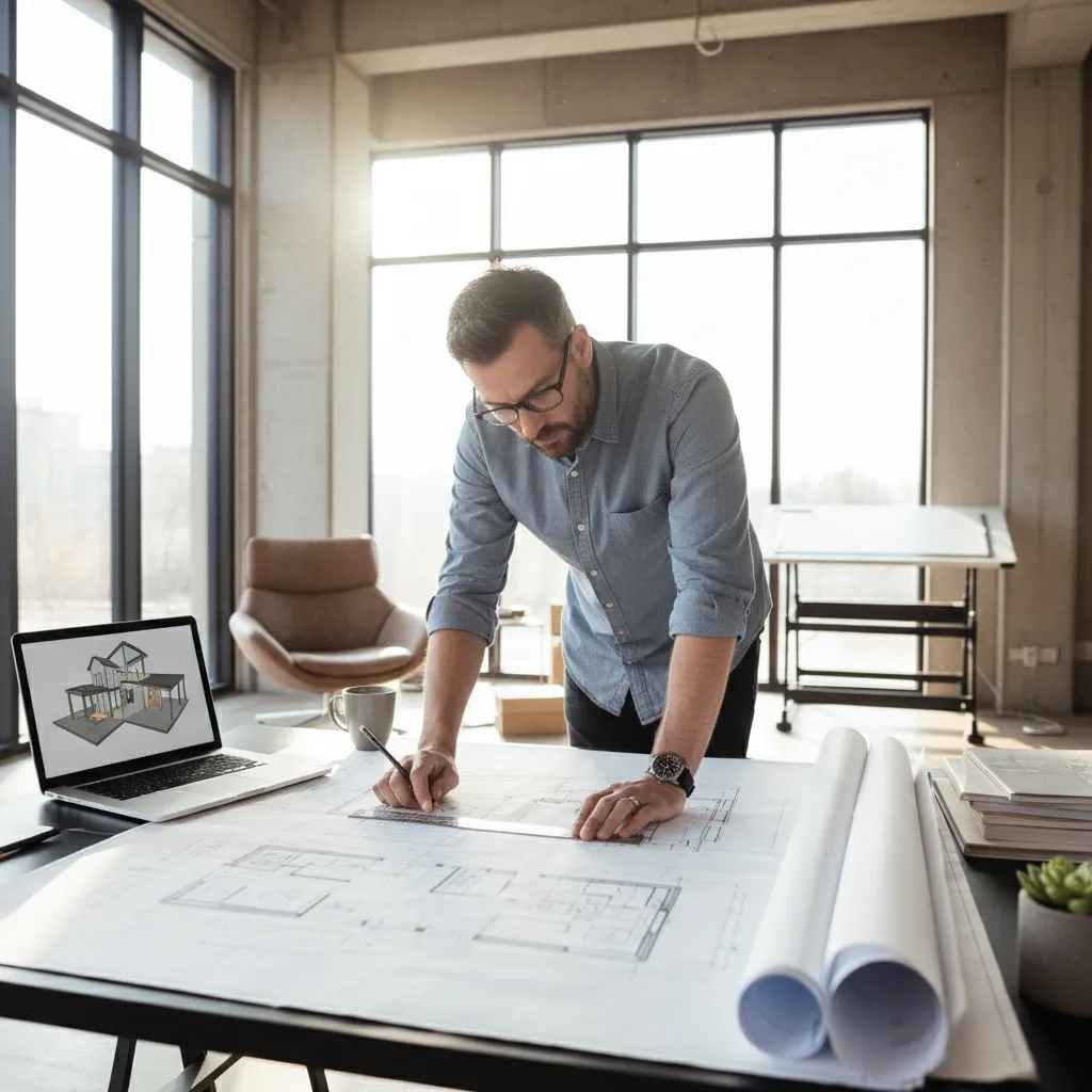 Arquitecto revisando planos estructurales impresos