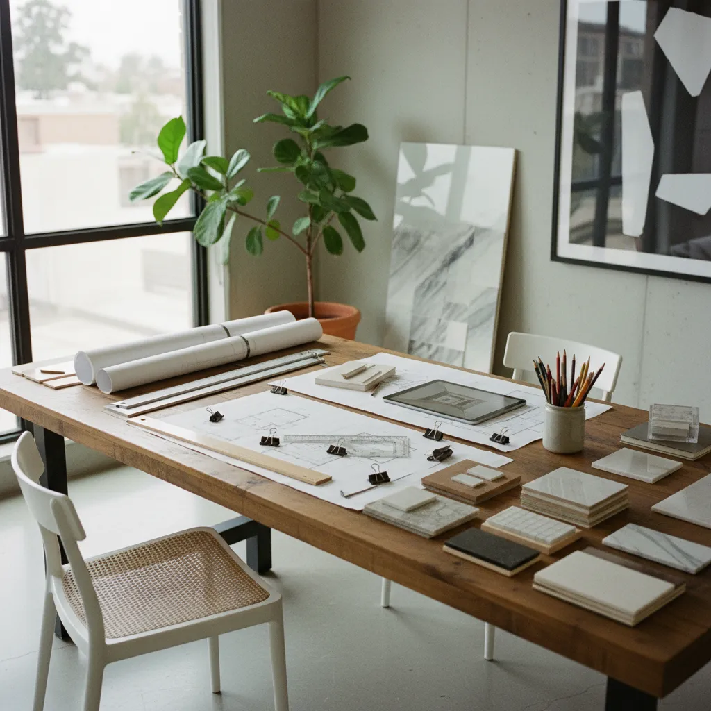 Mesa de trabajo con planos técnicos y herramientas de dibujo en un estudio de interiorismo