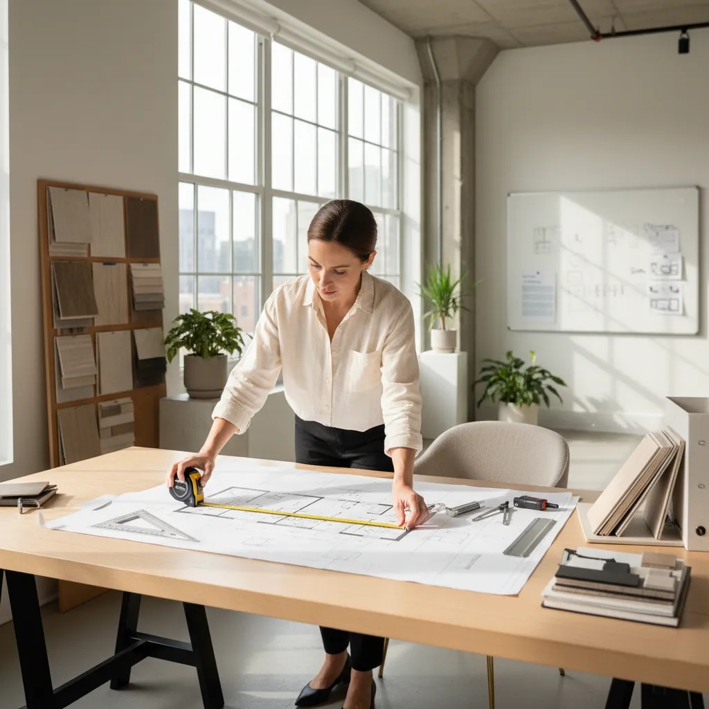Diseñador revisando planos de interiorismo sobre mesa de trabajo