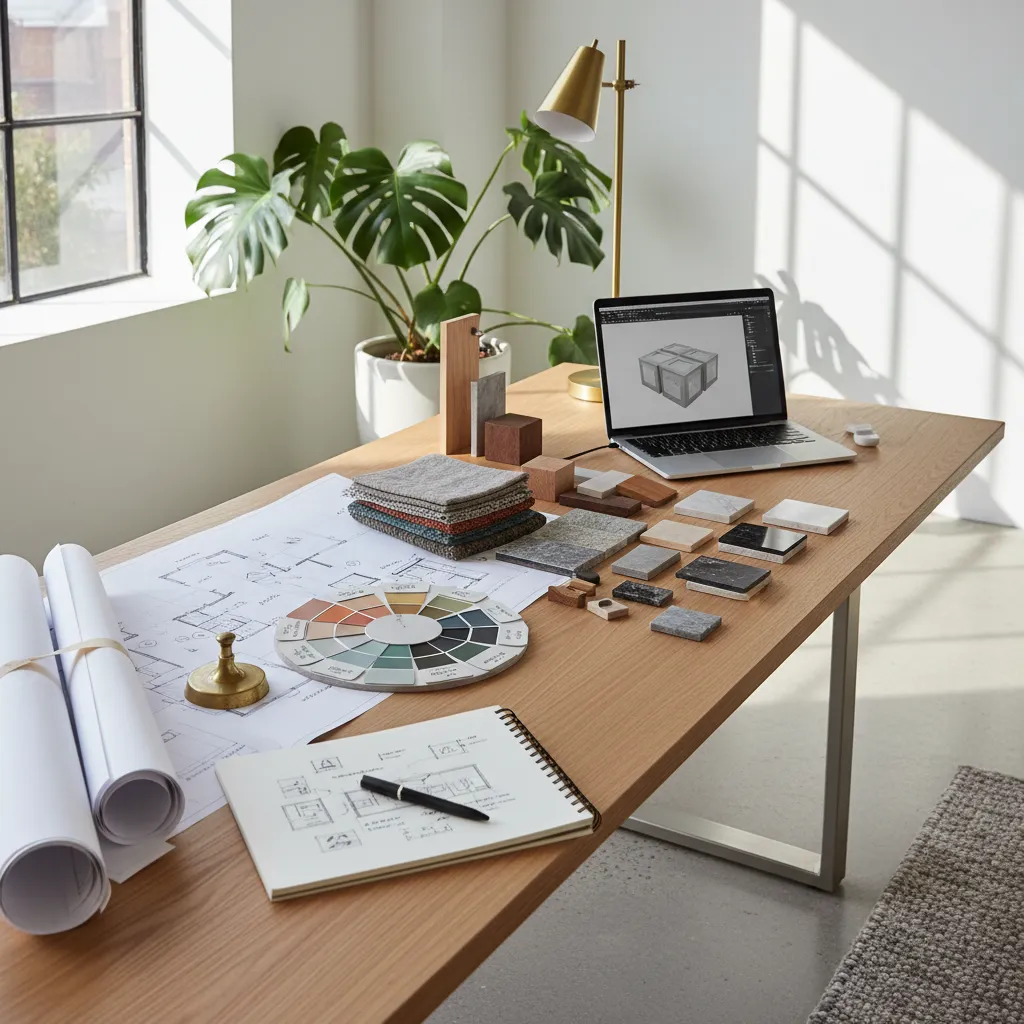Diseñador revisando planos de interiorismo con muestras de materiales