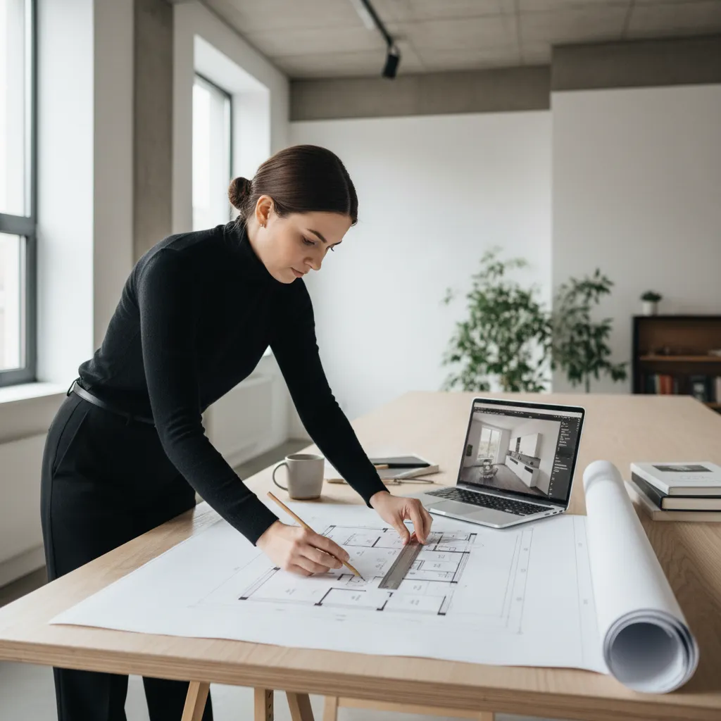 Diseñador revisando planos de distribución de una vivienda