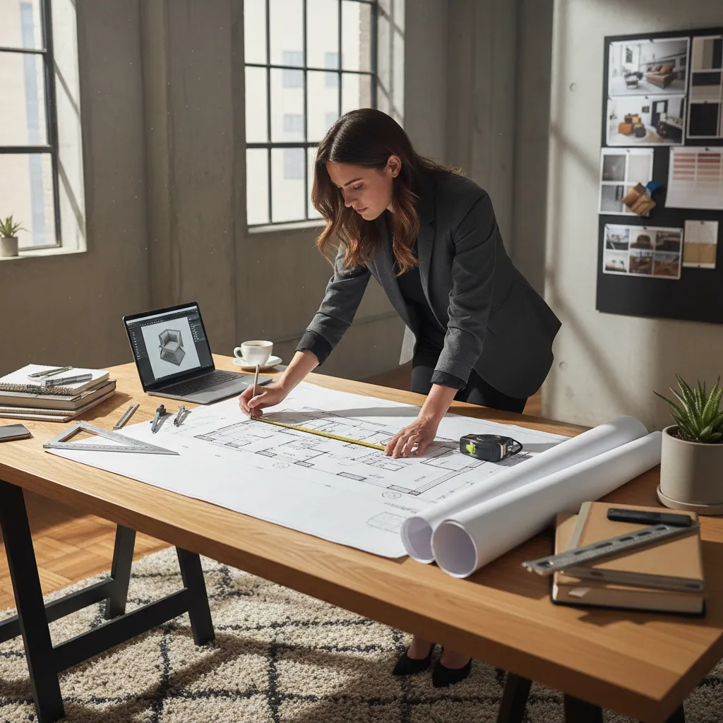 Diseñador revisando planos de distribución de un apartamento