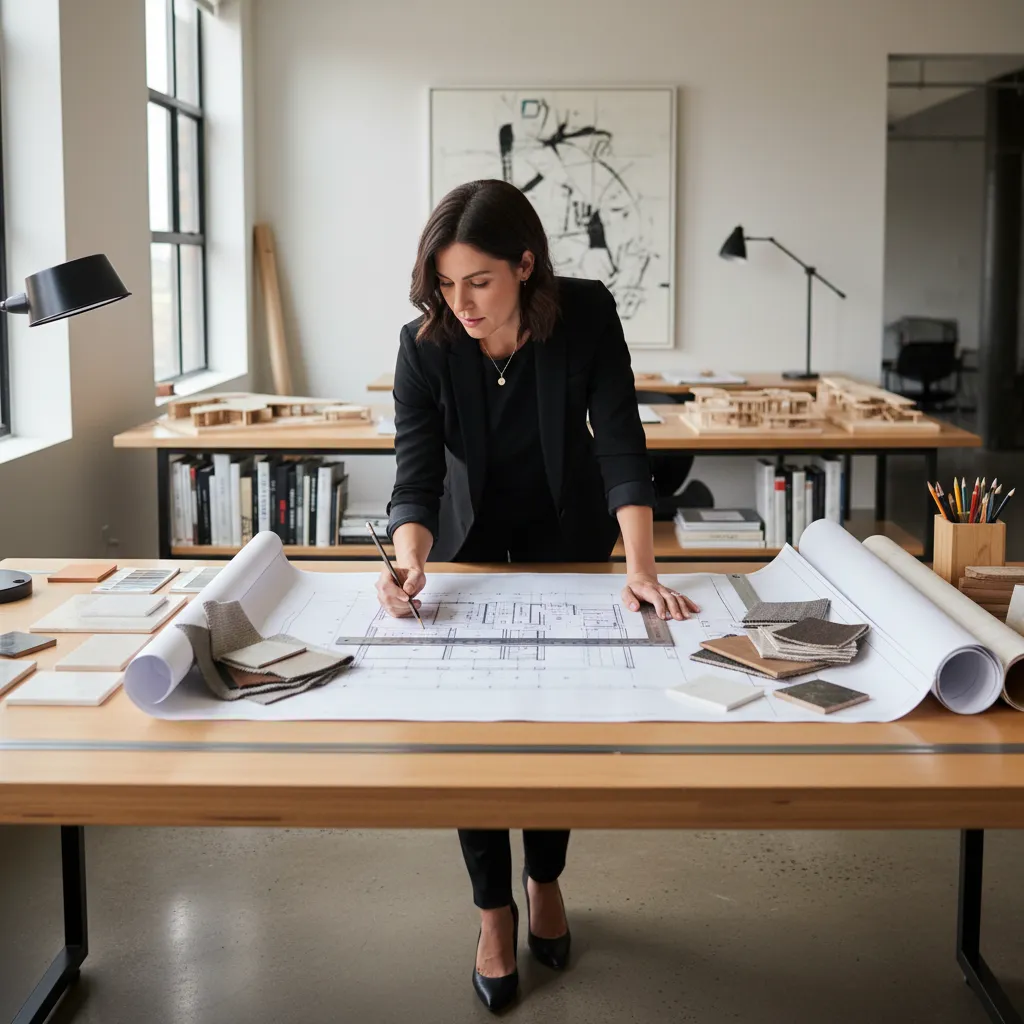 Diseñador revisando planos de interiorismo en mesa de trabajo