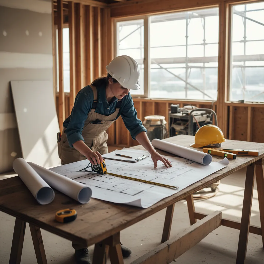 Diseñador revisando planos técnicos sobre una mesa en obra