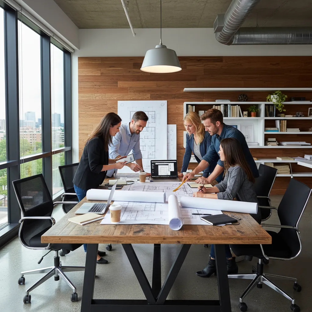 Equipo revisando planos de reforma en un estudio de interiorismo