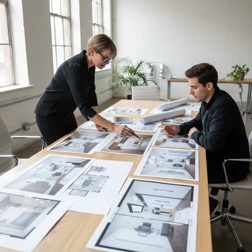 Profesor revisando portafolio de diseño de interiores con un estudiante