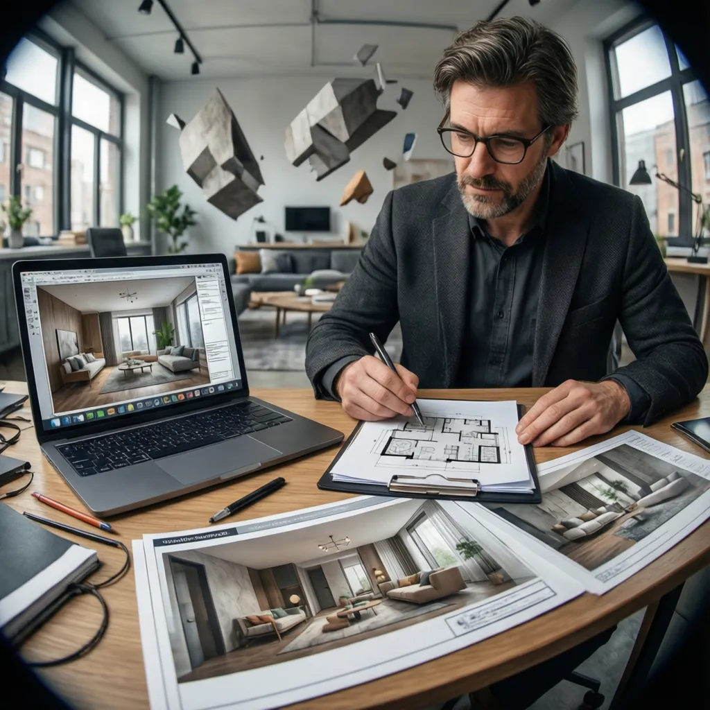 Profesor revisando portafolio de proyectos de diseño interior