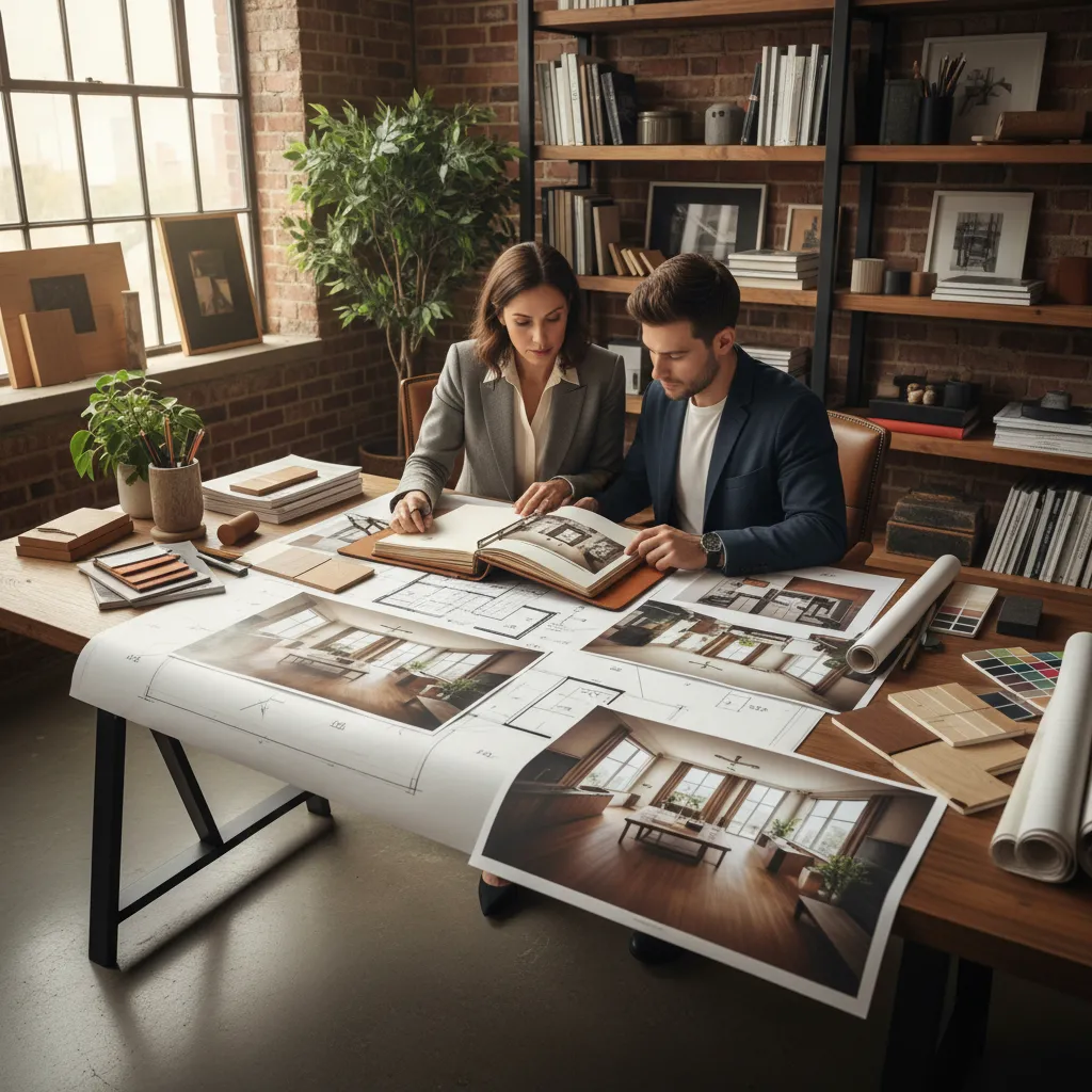 Diseñador revisando portafolio de proyectos de interiores