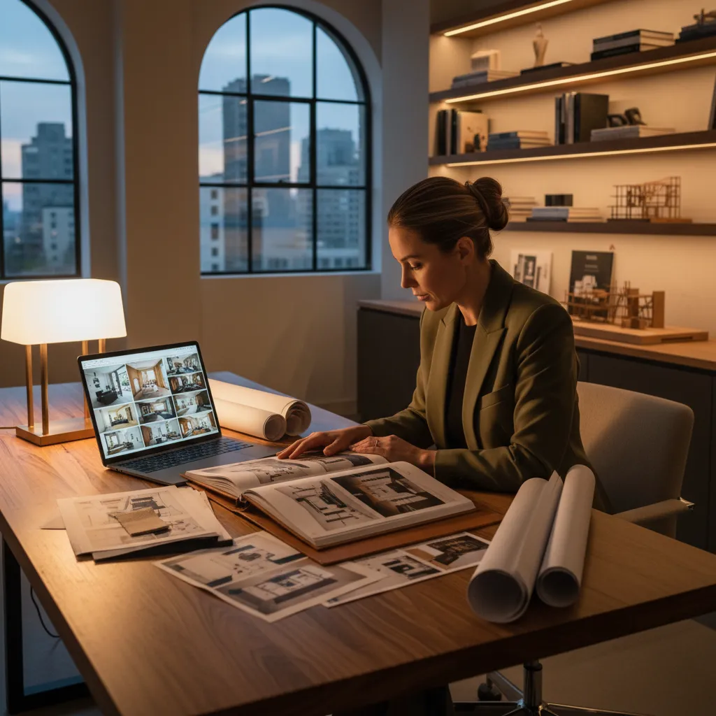 Diseñador revisando portafolio de proyectos de interiorismo