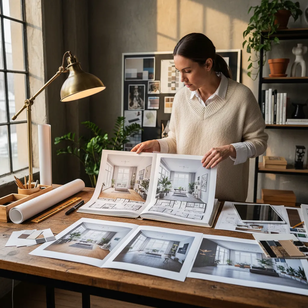 Diseñador revisando portfolio de proyectos de interiorismo