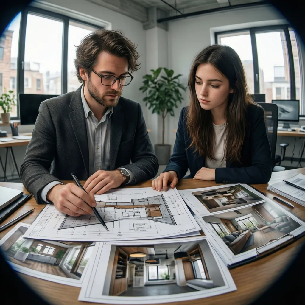 Man and woman reviewing room layout drawings and photos of modern interior design in office