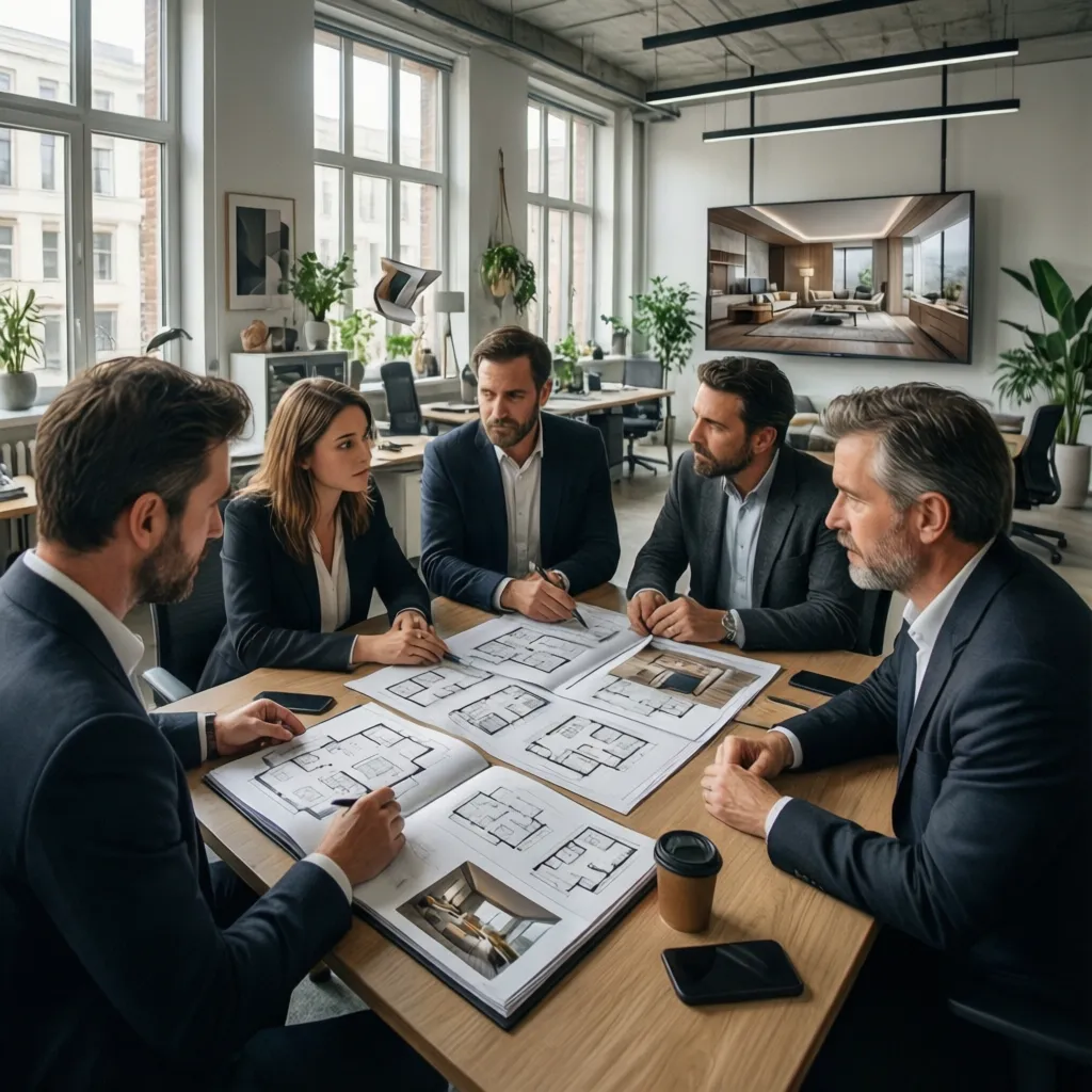 Diseñadores revisando un portfolio de interiorismo