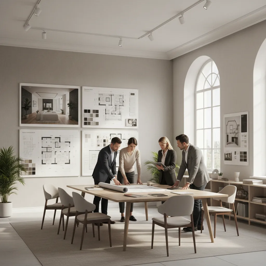 Profesionales revisando un proyecto de diseño de interiores