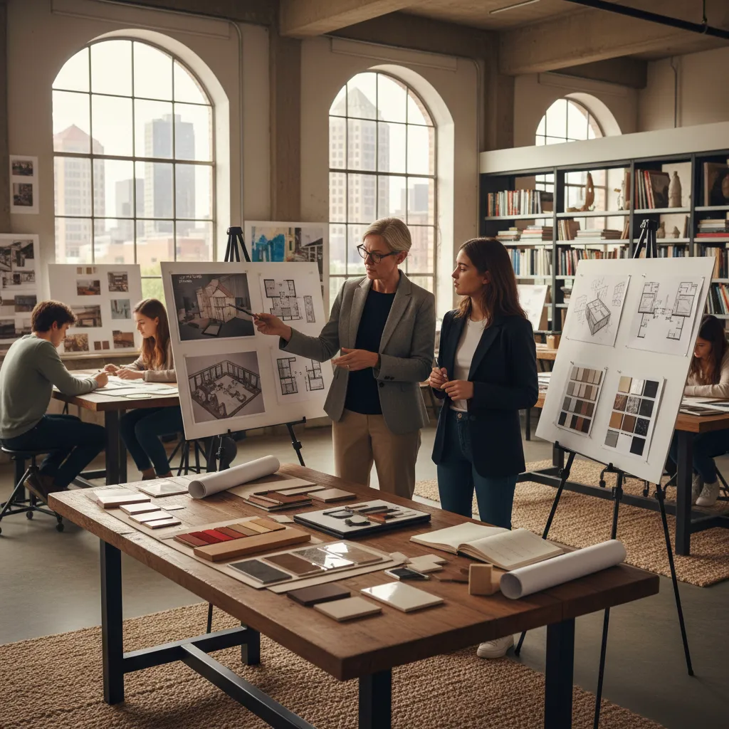 Profesor revisando proyecto de interiorismo con estudiantes