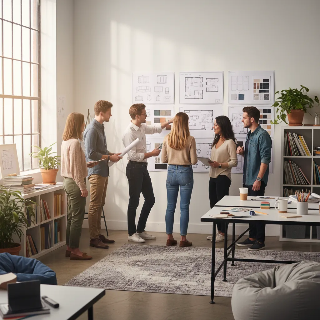 Estudiantes revisando un proyecto de diseño interior en grupo