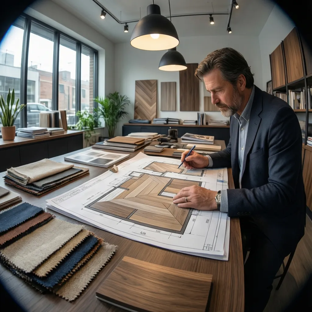 Diseñador revisando planos y muestras de materiales