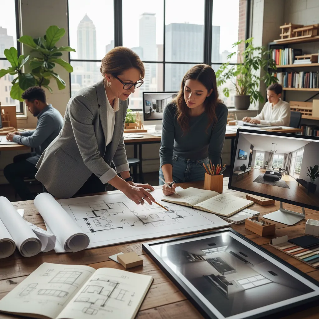 Profesor revisando proyecto de interiorismo con estudiante