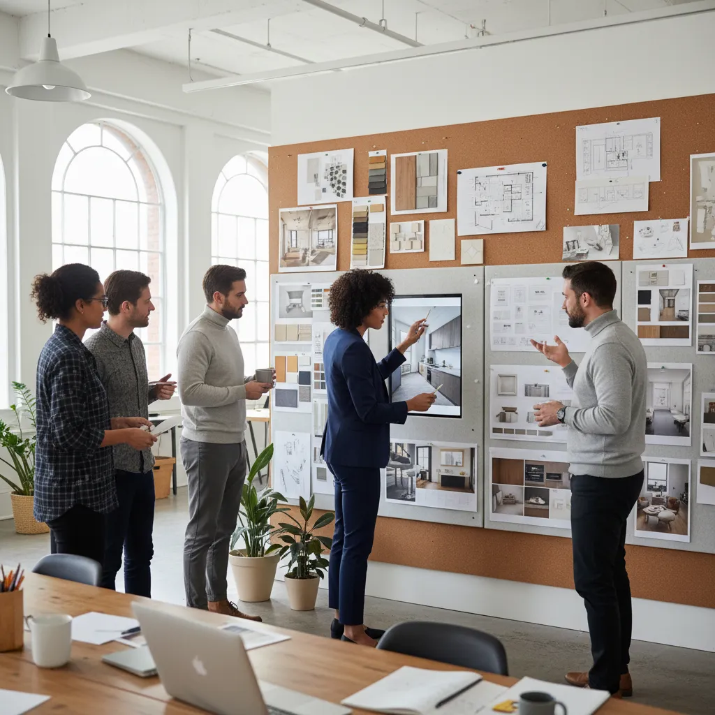 Diseñadores revisando un proyecto de interiorismo en estudio creativo
