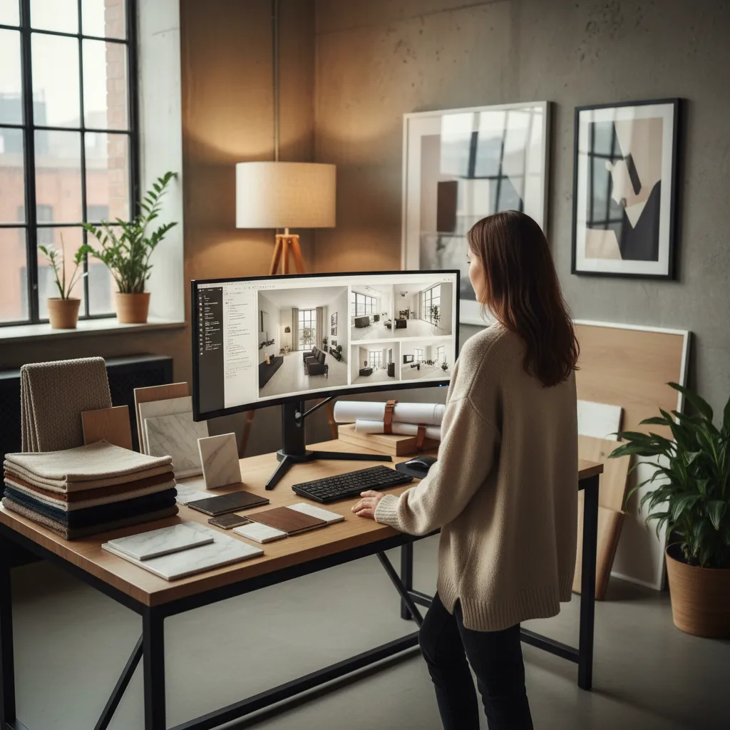Woman at desk using a large monitor to review interior design drawings with material samples