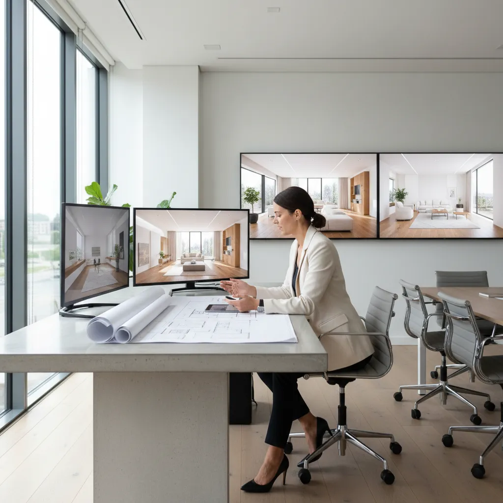 Diseñador revisando proyecto de interiorismo con planos y renders