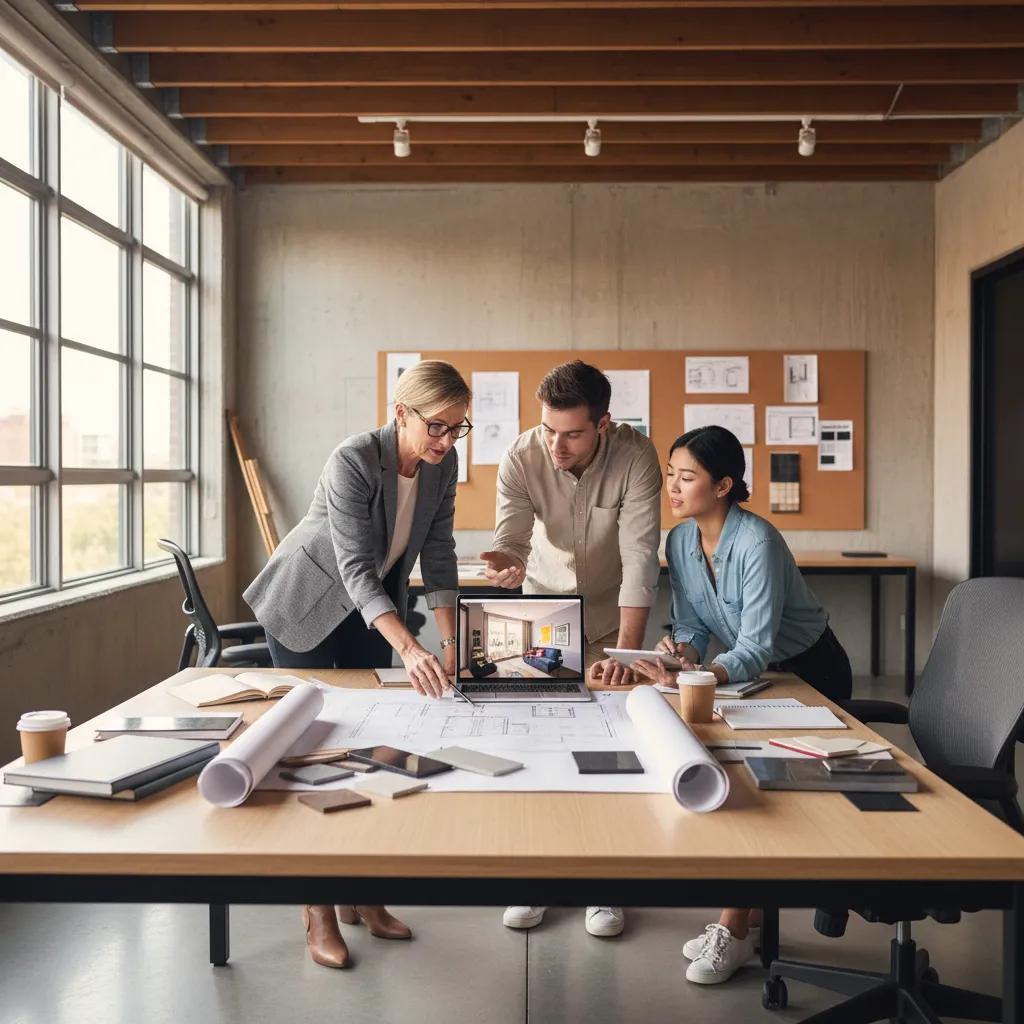 Three interior design professionals discussing a room layout on a laptop and paper floor plans
