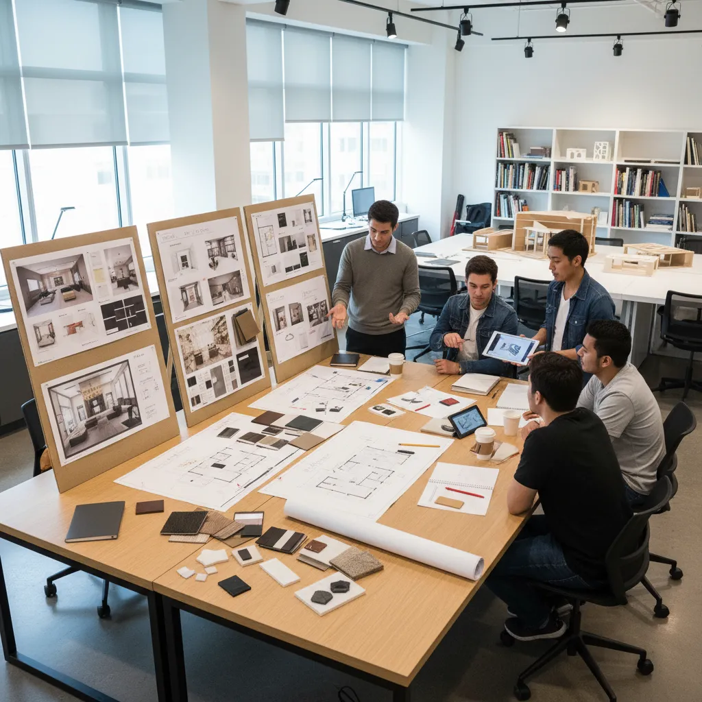 Estudiantes revisando un proyecto de interiorismo con planos y muestras