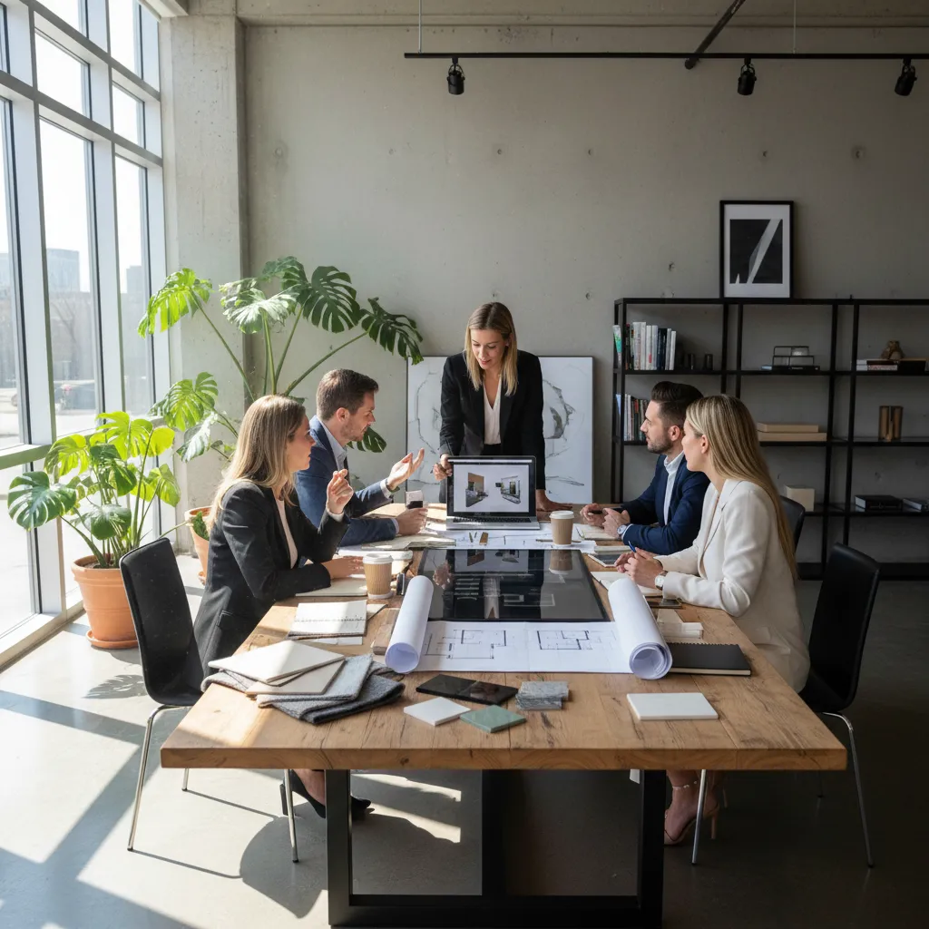 Five interior designers discussing room layout drawings around a large wooden table in sunny office