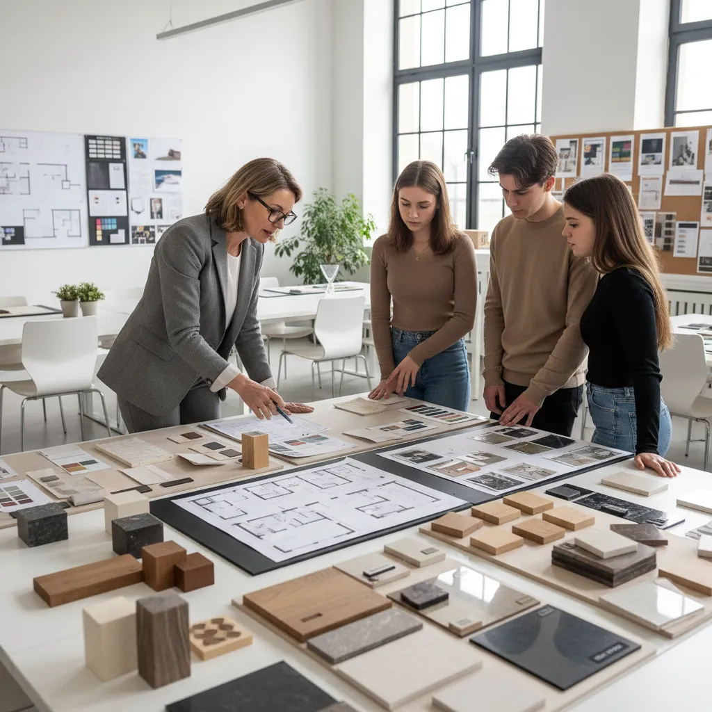 Professional designer explaining floor plans and material samples to young students in a bright studio