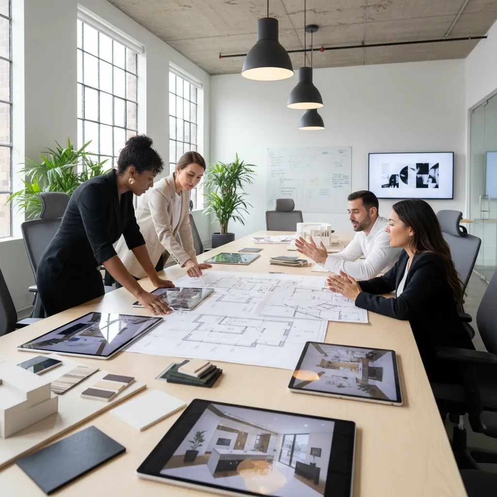 Diseñadores revisando planos y renders de un proyecto interior