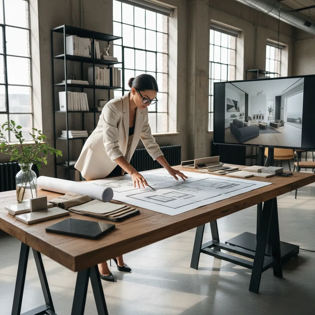 Diseñador revisando planos y renders de un proyecto de vivienda