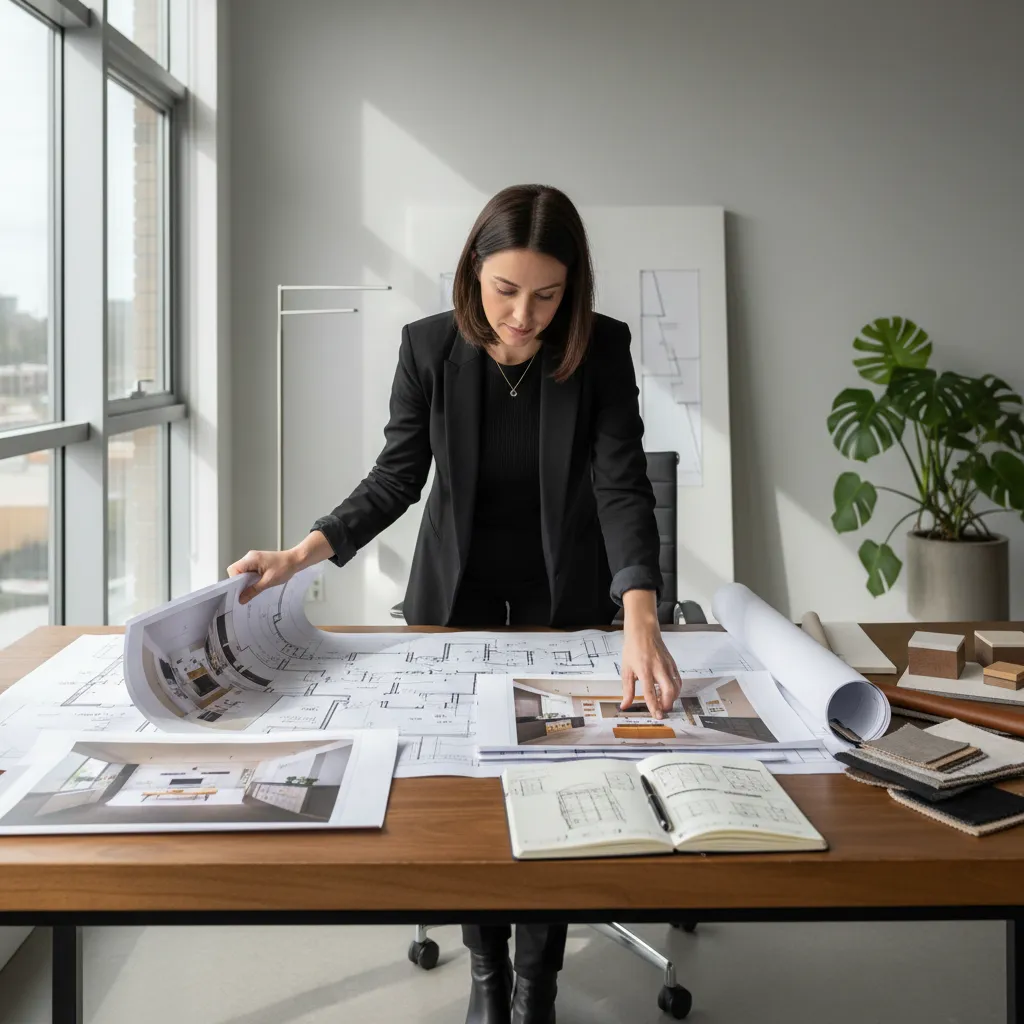 Diseñador revisando documentación de proyecto y renders impresos