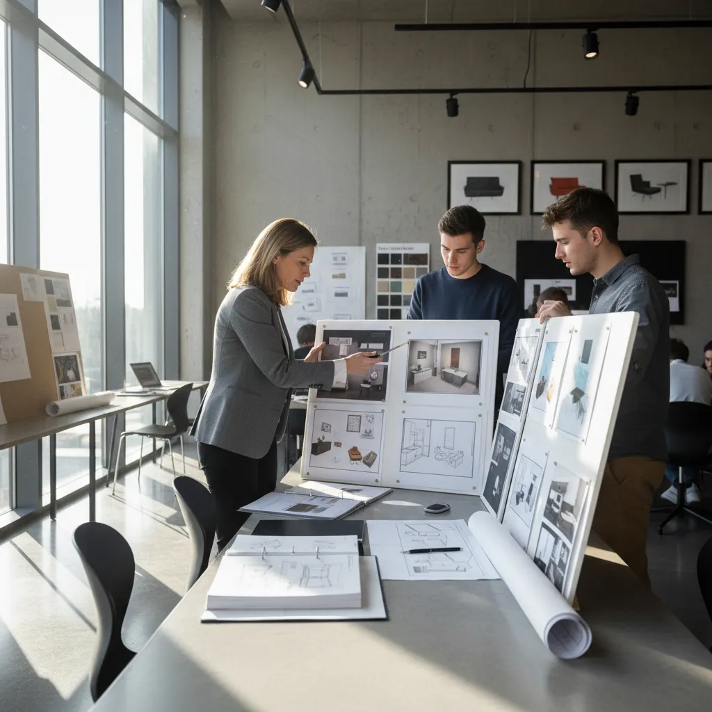Profesor revisando proyecto de interiorismo con un estudiante