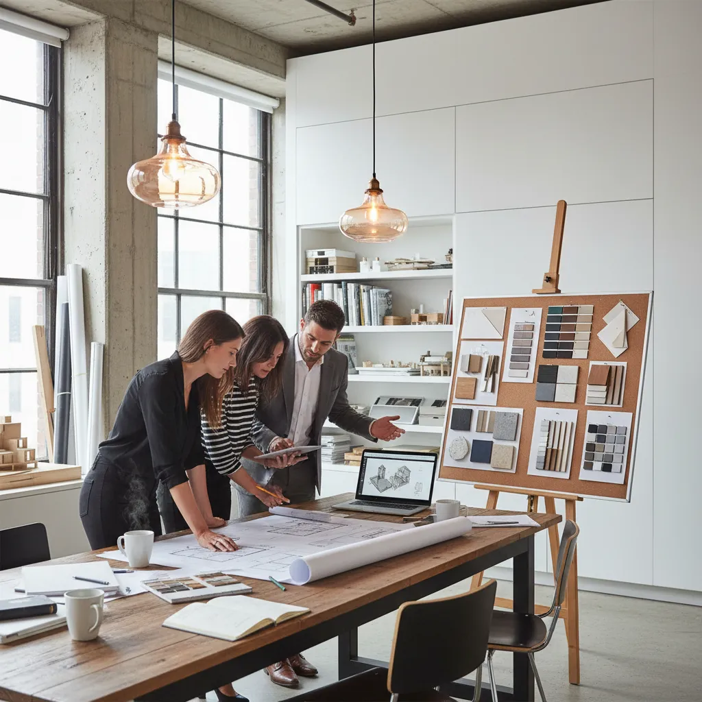Three designers reviewing a floor plan on a wooden table in a bright modern office