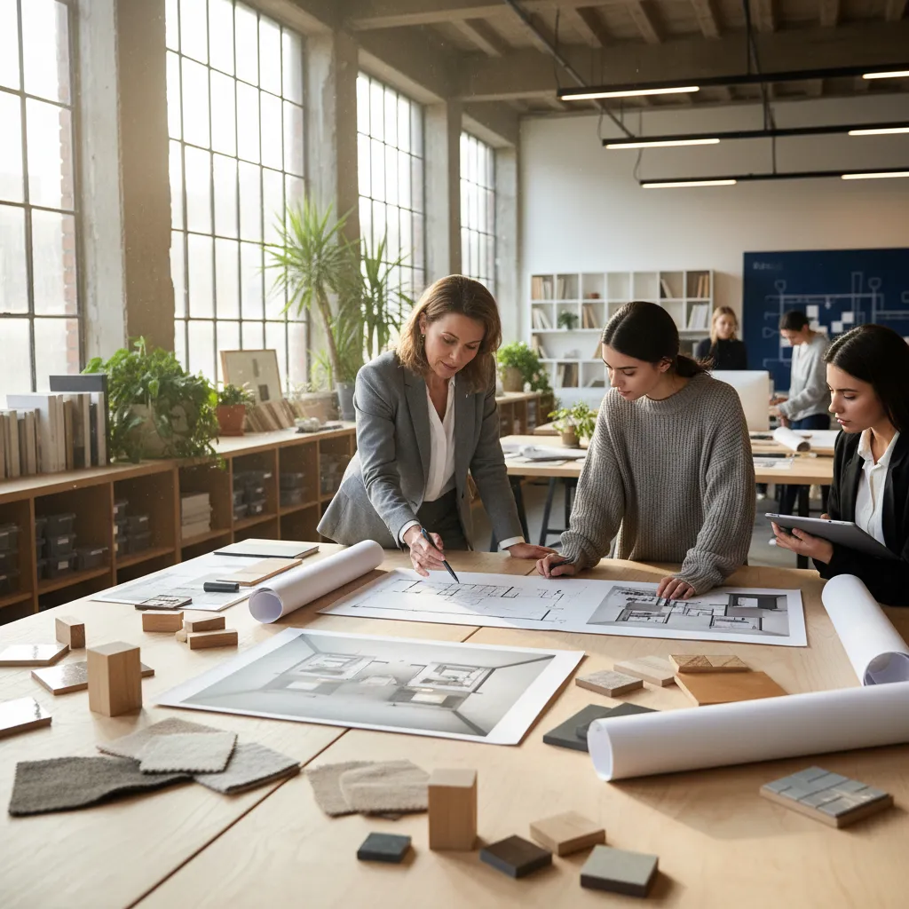 Profesor revisando proyecto de interiorismo con estudiante