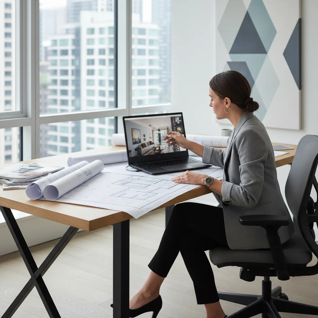Designer at a desk pointing at interior design drawing on laptop next to room layouts