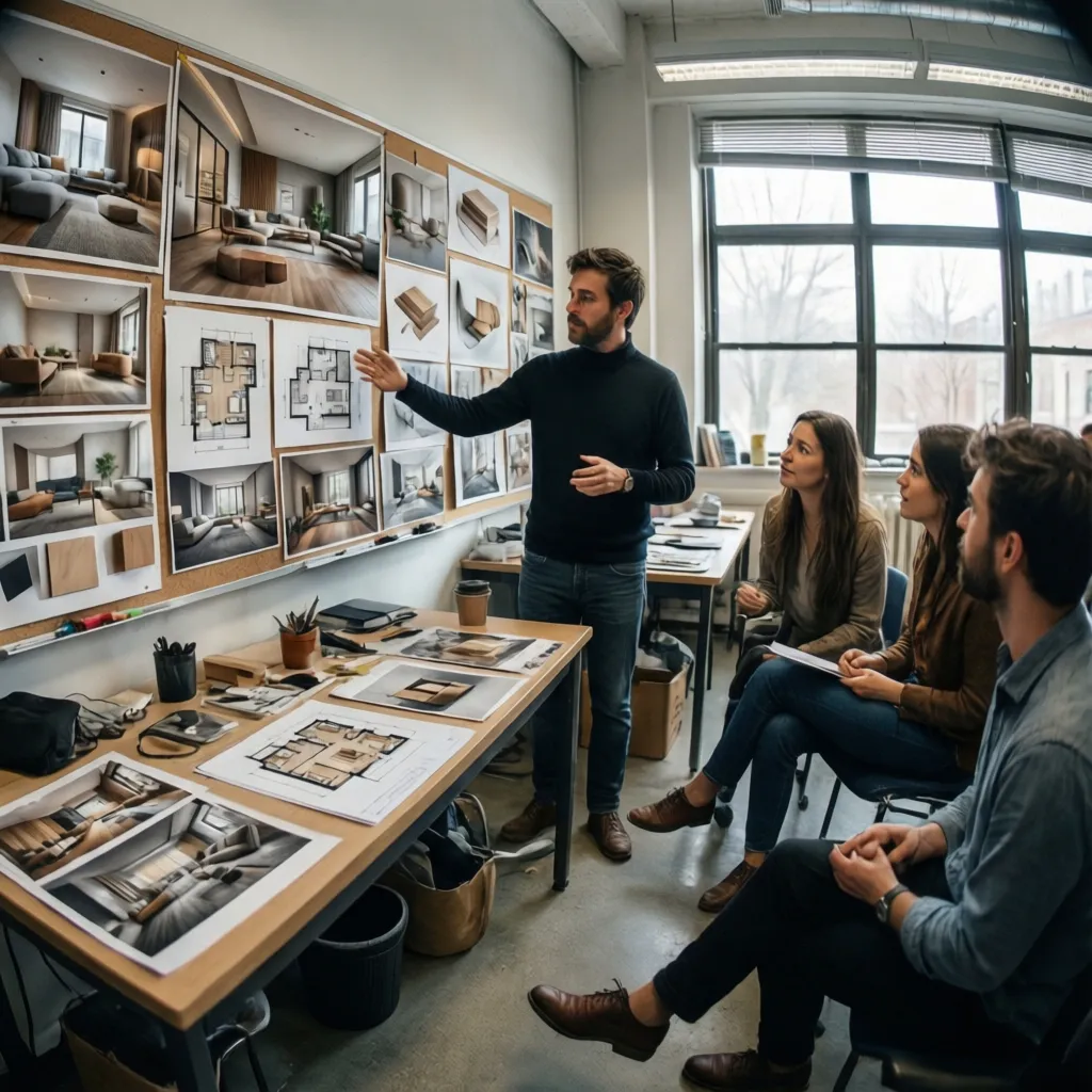 Profesor revisando proyecto de interiorismo con estudiantes