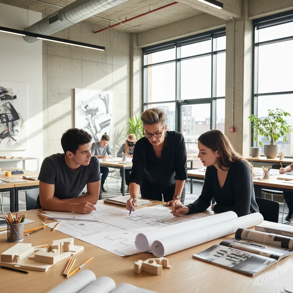Profesor revisando proyecto de interiorismo con estudiante
