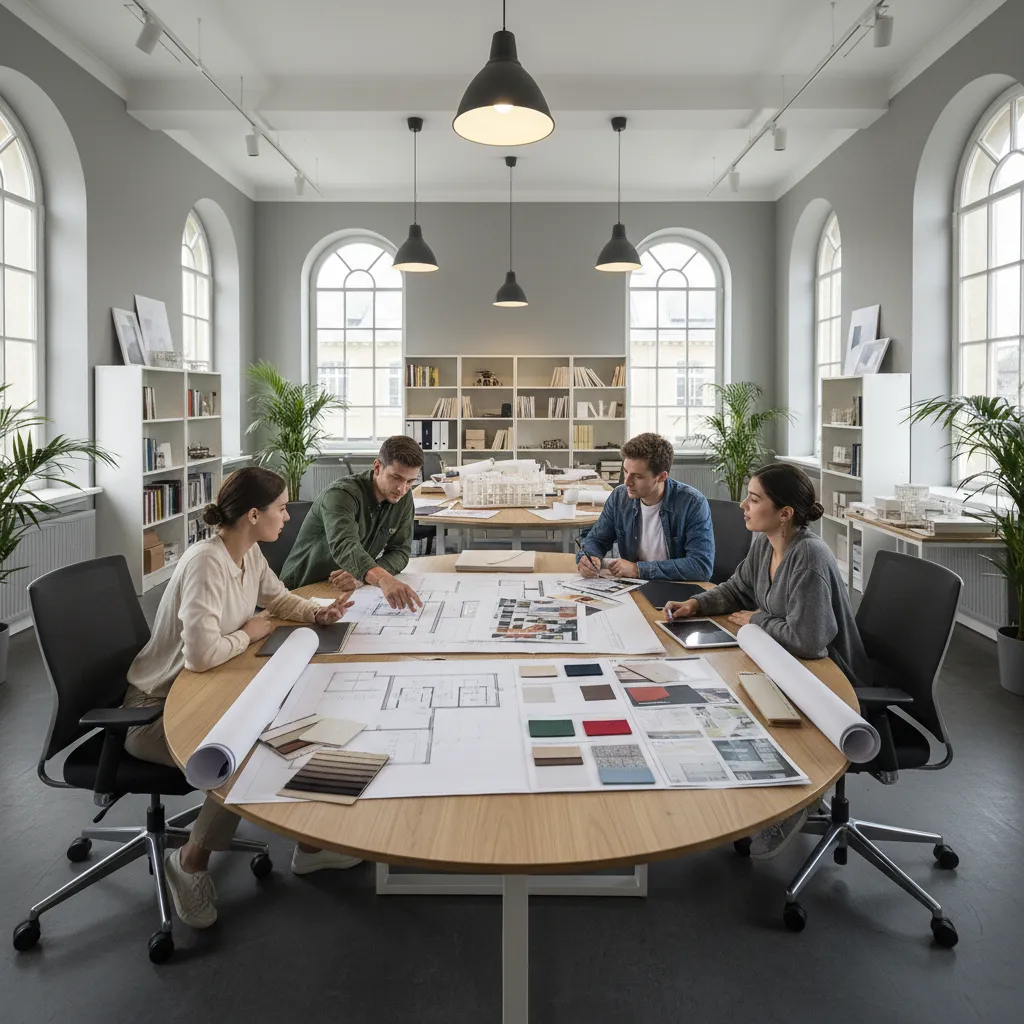 Grupo de estudiantes revisando un proyecto de interiorismo en mesa de trabajo