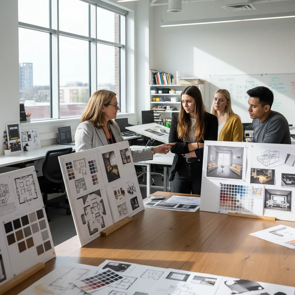 Students and teacher reviewing interior design mood boards with floor plans in bright creative studio
