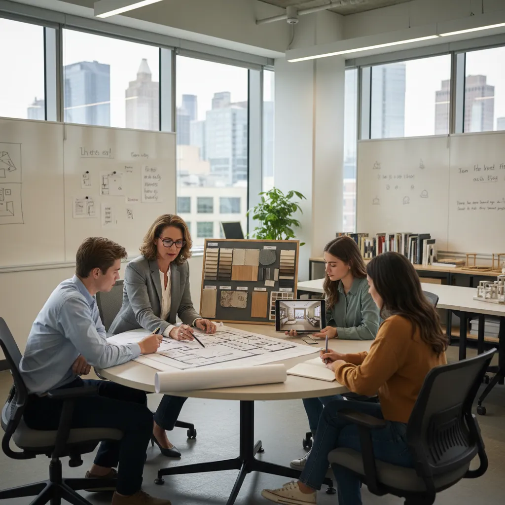 Profesor revisando proyecto de diseño interior con estudiante