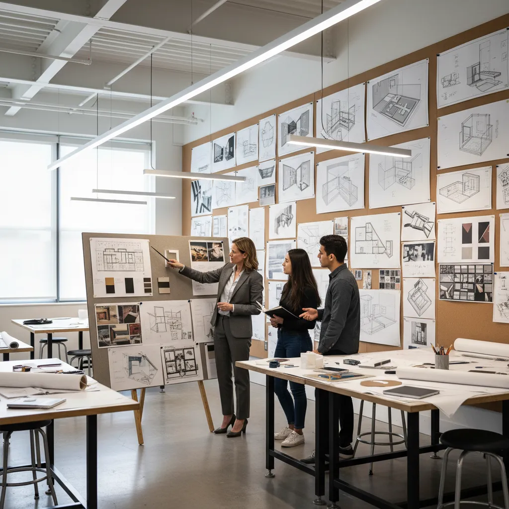 Profesor revisando proyecto de diseño de interiores con estudiantes