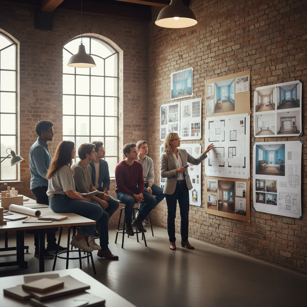 female teacher pointing at room layout on a brick wall with a group of students watching