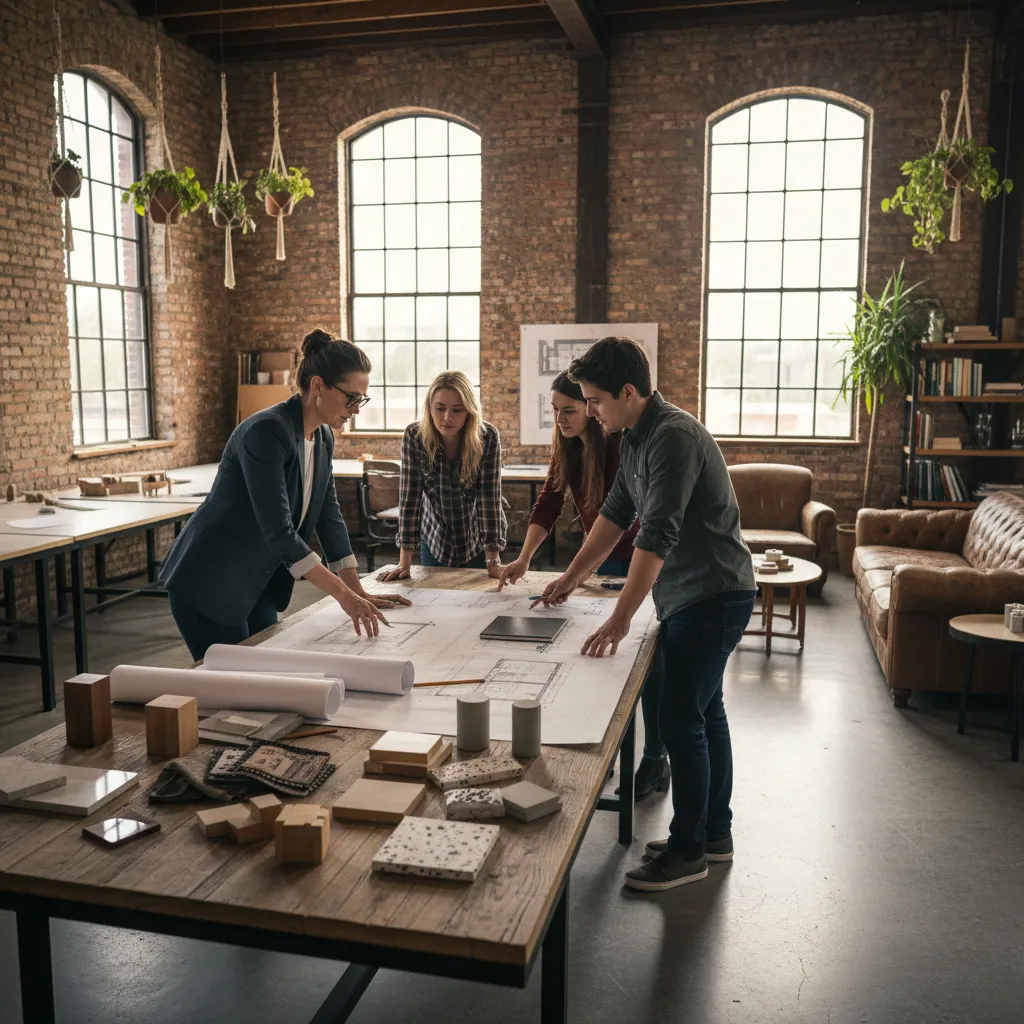Profesor revisando proyectos de interiorismo con estudiantes