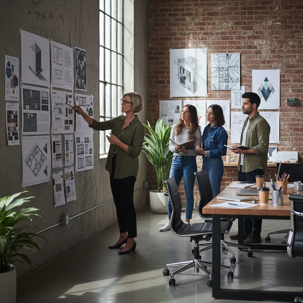 Teacher pointing at room layout drawings while students take notes in a modern office space
