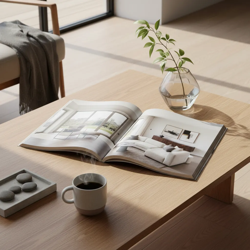 Revista abierta mostrando diseño de salón moderno