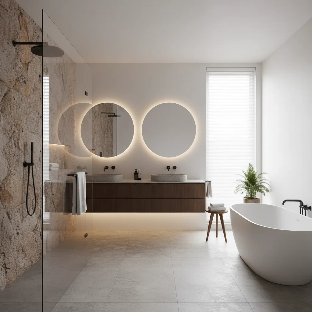 Spacious modern bathroom featuring double sinks wooden cabinet two round backlit mirrors and white bathtub