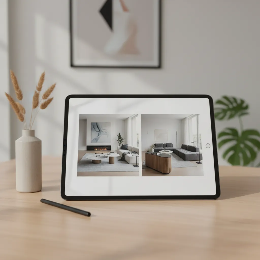 Revista digital de diseño de interiores abierta en una tablet con fotos de salones modernos