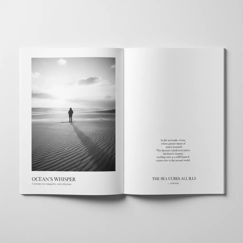 Diseño editorial minimalista con amplio espacio en blanco