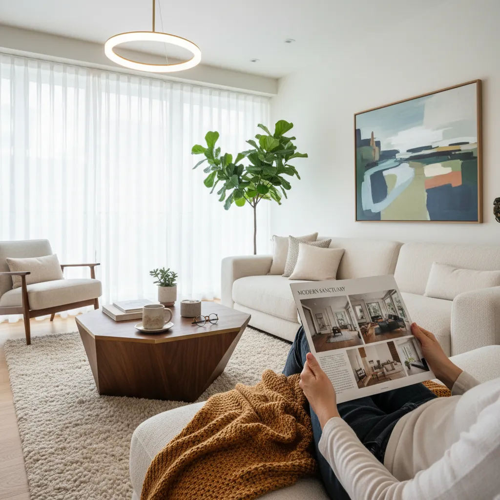 Persona leyendo una revista digital de diseño de interiores en una tablet